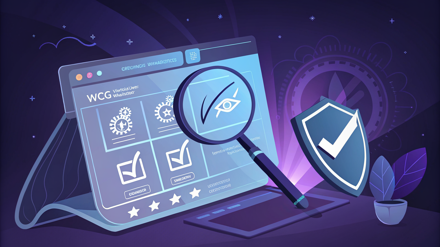 Illustration of a website being checked for accessibility issues, with checkmarks beside items that pass